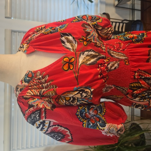 Anthropolgie x Conditions Apply Puff Sleeve Smocked Tropical Ruffle Maxi Dress 4 - Picture 2 of 11